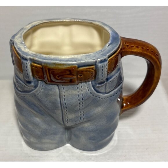 Vtg  Jeans Shaped Mug Planter Belt Handle 1977 By RON Molds Blue & Brown - Picture 2 of 9